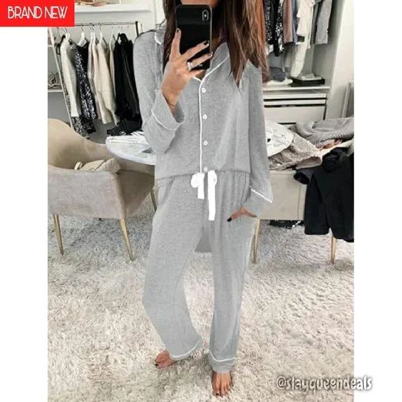 Soft Long Sleeve Pajama Set with Pockets Button Down Shirt & Pants